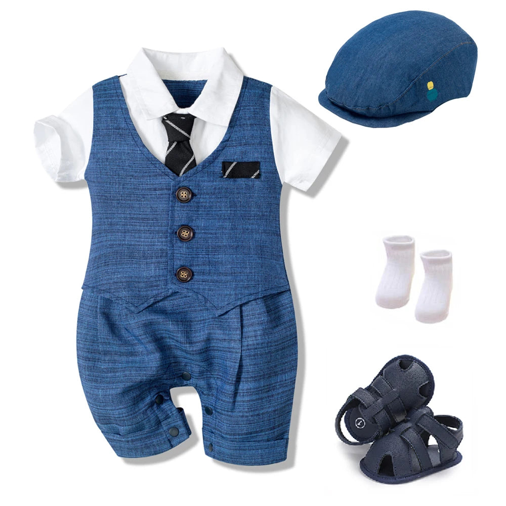 Summer Baby Romper Suit Newborn Boys Formal Clothing Cotton Children Hat + Jumpsuit + Shoes + Socks 4 Pieces Outfit Blue Costume