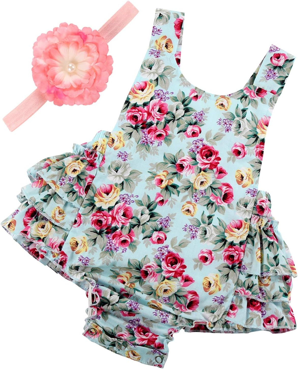 Baby Girl'S Floral Print Ruffles Romper Summer Clothes with Headband