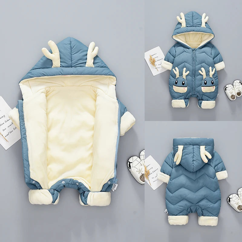 2024 Baby Winter Snowsuit plus Velvet Thick Baby Boys Jumpsuit 0-2 Years Newborn Romper Baby Girls Overalls Toddler Coat