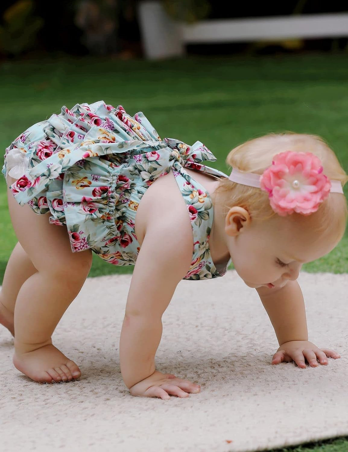 Baby Girl'S Floral Print Ruffles Romper Summer Clothes with Headband