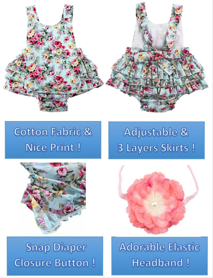 Baby Girl'S Floral Print Ruffles Romper Summer Clothes with Headband